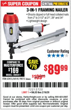 Harbor Freight Coupon 3-IN1 FRAMING NAILER Lot No. 98751/63455 Expired: 2/16/20 - $89.99
