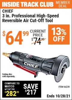 Harbor Freight ITC Coupon CHIEF 3" HIGH-SPEED AIR CUT-OFF TOOL Lot No. 64239 Expired: 10/28/21 - $64.99