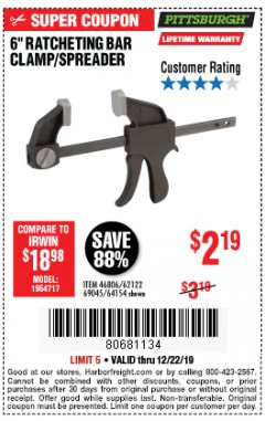 Harbor Freight Coupon PITTSBURGH 6" RATCHET BAR CLAMP/SPREADER Lot No. 46806/62122/69045/64154 Expired: 12/22/19 - $2.19