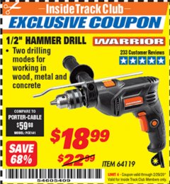 Harbor Freight ITC Coupon WARRIOR 1/2" HAMMER DRILL Lot No. 64119 Expired: 2/29/20 - $18.99