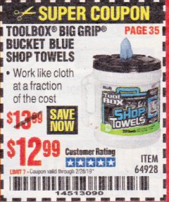 Harbor Freight Coupon TOOLBOX BIG GRIP BUCKET BLUE SHOP TOWELS Lot No. 64928 Expired: 2/28/19 - $12.99