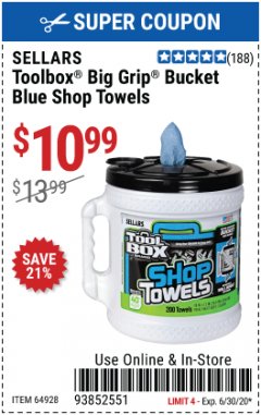 Harbor Freight Coupon TOOLBOX BIG GRIP BUCKET BLUE SHOP TOWELS Lot No. 64928 Expired: 6/30/20 - $10.99
