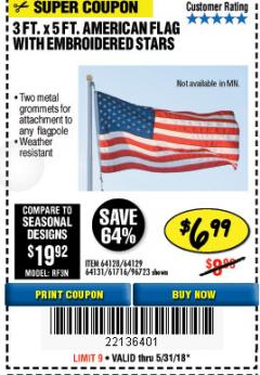 Harbor Freight Coupon 3 FT. X 5 FT. AMERICAN FLAG WITH EMBROIDERED STARS Lot No. 61716/96723/64128/64129/64131 Expired: 5/31/18 - $6.99