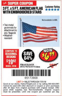 Harbor Freight Coupon 3 FT. X 5 FT. AMERICAN FLAG WITH EMBROIDERED STARS Lot No. 61716/96723/64128/64129/64131 Expired: 7/31/18 - $6.99