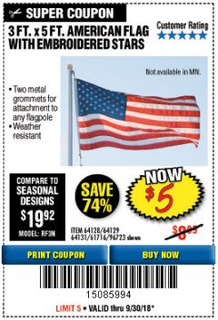 Harbor Freight Coupon 3 FT. X 5 FT. AMERICAN FLAG WITH EMBROIDERED STARS Lot No. 61716/96723/64128/64129/64131 Expired: 9/30/18 - $5