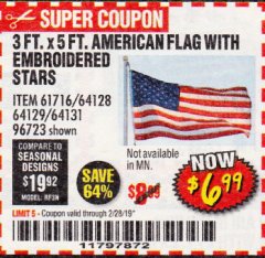 Harbor Freight Coupon 3 FT. X 5 FT. AMERICAN FLAG WITH EMBROIDERED STARS Lot No. 61716/96723/64128/64129/64131 Expired: 2/28/19 - $6.99