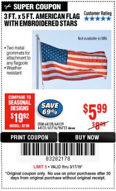 Harbor Freight Coupon 3 FT. X 5 FT. AMERICAN FLAG WITH EMBROIDERED STARS Lot No. 61716/96723/64128/64129/64131 Expired: 3/17/19 - $5.99
