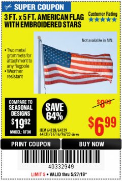 Harbor Freight Coupon 3 FT. X 5 FT. AMERICAN FLAG WITH EMBROIDERED STARS Lot No. 61716/96723/64128/64129/64131 Expired: 5/27/19 - $6.99