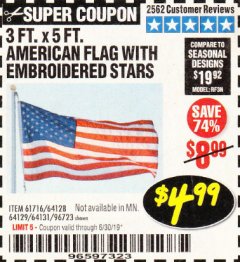 Harbor Freight Coupon 3 FT. X 5 FT. AMERICAN FLAG WITH EMBROIDERED STARS Lot No. 61716/96723/64128/64129/64131 Expired: 6/30/19 - $4.99