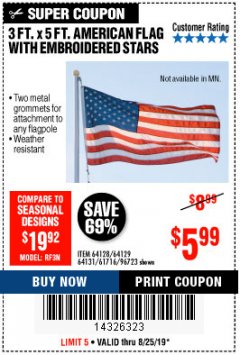 Harbor Freight Coupon 3 FT. X 5 FT. AMERICAN FLAG WITH EMBROIDERED STARS Lot No. 61716/96723/64128/64129/64131 Expired: 8/25/19 - $5.99