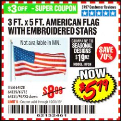 Harbor Freight Coupon 3 FT. X 5 FT. AMERICAN FLAG WITH EMBROIDERED STARS Lot No. 61716/96723/64128/64129/64131 Expired: 10/31/19 - $5.99