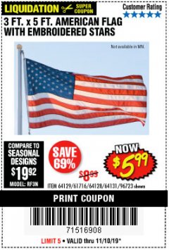 Harbor Freight Coupon 3 FT. X 5 FT. AMERICAN FLAG WITH EMBROIDERED STARS Lot No. 61716/96723/64128/64129/64131 Expired: 11/10/19 - $5.99