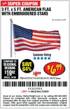 Harbor Freight Coupon 3 FT. X 5 FT. AMERICAN FLAG WITH EMBROIDERED STARS Lot No. 61716/96723/64128/64129/64131 Expired: 2/29/20 - $6.99
