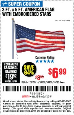 Harbor Freight Coupon 3 FT. X 5 FT. AMERICAN FLAG WITH EMBROIDERED STARS Lot No. 61716/96723/64128/64129/64131 Expired: 2/17/20 - $6.99