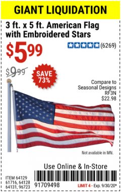 Harbor Freight Coupon 3 FT. X 5 FT. AMERICAN FLAG WITH EMBROIDERED STARS Lot No. 61716/96723/64128/64129/64131 Expired: 9/30/20 - $5.99