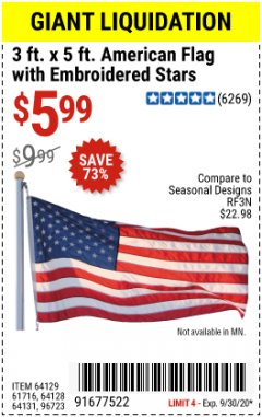 Harbor Freight Coupon 3 FT. X 5 FT. AMERICAN FLAG WITH EMBROIDERED STARS Lot No. 61716/96723/64128/64129/64131 Expired: 9/30/20 - $5.99