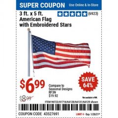 Harbor Freight Coupon 3 FT. X 5 FT. AMERICAN FLAG WITH EMBROIDERED STARS Lot No. 61716/96723/64128/64129/64131 Expired: 1/29/21 - $6.99