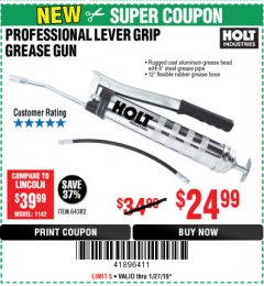 Harbor Freight Coupon PROFESSIONAL LEVER ACTION GREASE GUN Lot No. 64382 Expired: 1/27/19 - $24.99