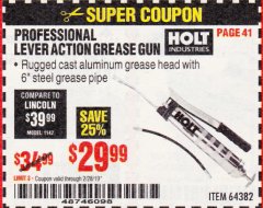 Harbor Freight Coupon HOLT INDUSTRIES PROFESSIONAL-LEVER ACTION GREASE GUN Lot No. 64382 Expired: 2/28/19 - $29.99