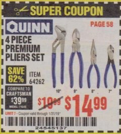 Harbor Freight Coupon QUINN 4 PIECE PLIERS SET Lot No. 64262 Expired: 1/31/19 - $14.99