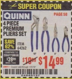 Harbor Freight Coupon QUINN PLIERS SET, 4-PIECE Lot No. 64262 Expired: 1/31/19 - $14.99