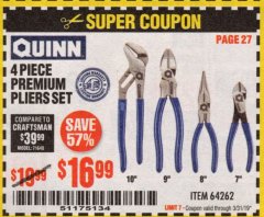 Harbor Freight Coupon QUINN 4 PIECE PLIERS SET Lot No. 64262 Expired: 3/31/19 - $16.99