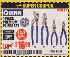 Harbor Freight Coupon QUINN PLIERS SET, 4-PIECE Lot No. 64262 Expired: 3/31/19 - $16.99