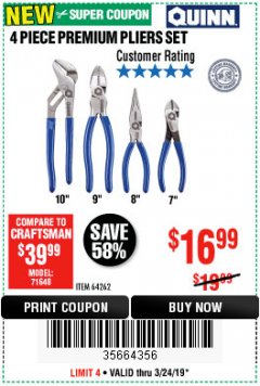 Harbor Freight Coupon QUINN 4 PIECE PLIERS SET Lot No. 64262 Expired: 3/24/19 - $16.99