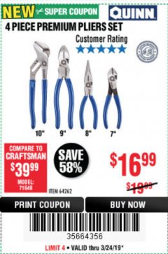 Harbor Freight Coupon QUINN 4 PIECE PLIERS SET Lot No. 64262 Expired: 3/24/19 - $16.99