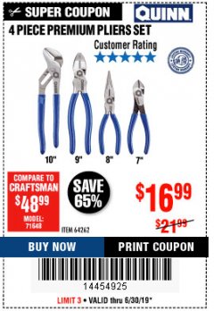 Harbor Freight Coupon QUINN 4 PIECE PLIERS SET Lot No. 64262 Expired: 6/30/19 - $0
