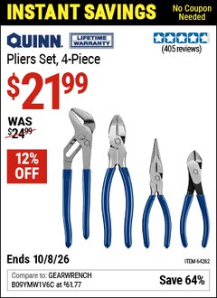 Harbor Freight Coupon QUINN PLIERS SET, 4-PIECE Lot No. 64262 Valid Thru: 10/8/26 - $21.99