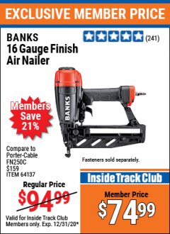 Harbor Freight ITC Coupon BANKS 16 GAUGE FINISH AIR NAILER Lot No. 64137 Expired: 12/31/20 - $74.99