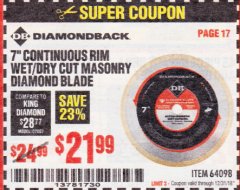 Harbor Freight Coupon DIAMONDBACK 7" CONTINUOUS RIM WET/DRY CUT MASONRY DIAMOND BLADE Lot No. 64098 Expired: 12/31/18 - $21.99