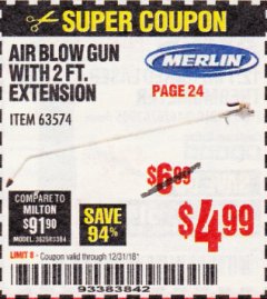 Harbor Freight Coupon MERLIN AIR BLOW GUN WITH 2 FT. EXTENSION Lot No. 63574 Expired: 12/31/18 - $4.99