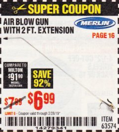 Harbor Freight Coupon MERLIN AIR BLOW GUN WITH 2 FT. EXTENSION Lot No. 63574 Expired: 2/28/19 - $6.99