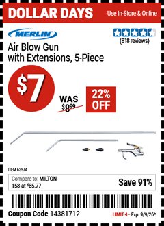 Harbor Freight Coupon MERLIN AIR BLOW GUN WITH EXTENSIONS, 5-PIECE Lot No. 63574 Valid Thru: 9/9/26 - $7