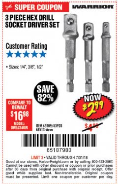 Harbor Freight Coupon 3 PIECE HEX DRILL SOCKET DRIVER SET Lot No. 63909/42191/63928/68513 Expired: 7/31/18 - $2.99