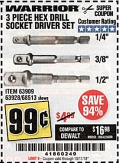 Harbor Freight Coupon 3 PIECE HEX DRILL SOCKET DRIVER SET Lot No. 63909/42191/63928/68513 Expired: 10/17/18 - $0.99