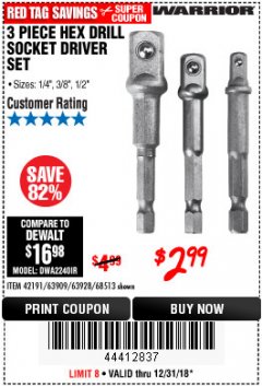 Harbor Freight Coupon 3 PIECE HEX DRILL SOCKET DRIVER SET Lot No. 63909/42191/63928/68513 Expired: 12/31/18 - $2.99