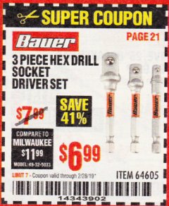 Harbor Freight Coupon WARRIOR HEX SHANK SOCKET DRIVER SET 3 PC. Lot No. 68513/63909/63928 Expired: 2/28/19 - $6.99