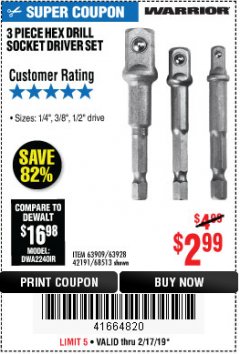 Harbor Freight Coupon 3 PIECE HEX DRILL SOCKET DRIVER SET Lot No. 63909/42191/63928/68513 Expired: 2/17/19 - $2.99