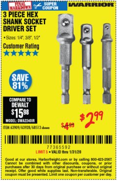 Harbor Freight Coupon 3 PIECE HEX DRILL SOCKET DRIVER SET Lot No. 63909/42191/63928/68513 Expired: 1/31/20 - $2.99