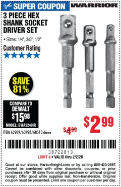 Harbor Freight Coupon 3 PIECE HEX DRILL SOCKET DRIVER SET Lot No. 63909/42191/63928/68513 Expired: 2/2/20 - $2.99