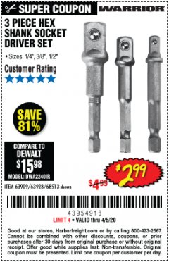 Harbor Freight Coupon 3 PIECE HEX DRILL SOCKET DRIVER SET Lot No. 63909/42191/63928/68513 Expired: 6/30/20 - $2.99