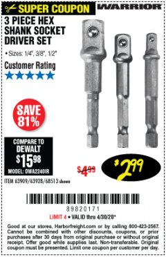 Harbor Freight Coupon 3 PIECE HEX DRILL SOCKET DRIVER SET Lot No. 63909/42191/63928/68513 Expired: 6/30/20 - $2.99