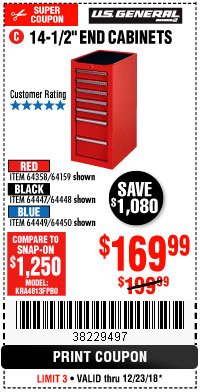Harbor Freight Coupon 14-1/2" END CABINETS Lot No. 64358/64159/64447/64448/64449/64450 Expired: 12/23/18 - $169.99