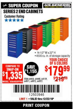 Harbor Freight Coupon 14-1/2" END CABINETS Lot No. 64358/64159/64447/64448/64449/64450 Expired: 12/22/19 - $179.99