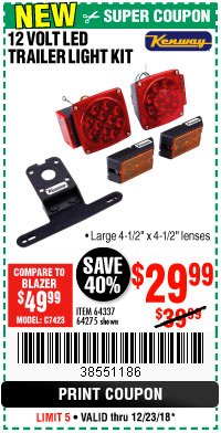 Harbor Freight Coupon KENWAY 12V LED TRAILER LIGHT KIT Lot No. 64275 Expired: 12/23/18 - $29.99