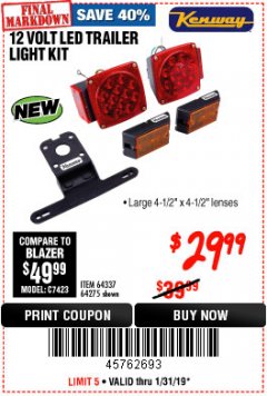 Harbor Freight Coupon KENWAY 12V LED TRAILER LIGHT KIT Lot No. 64275 Expired: 1/31/19 - $29.99