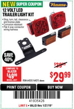 Harbor Freight Coupon KENWAY 12V LED TRAILER LIGHT KIT Lot No. 64275 Expired: 1/27/19 - $29.99